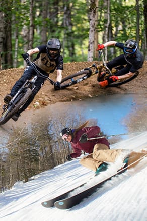 image of a winter skier and summer mountain bike riders